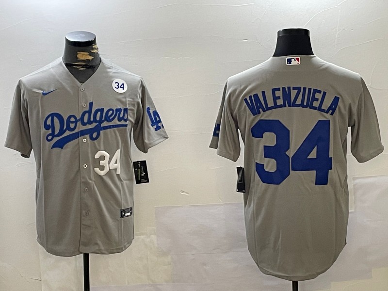 Men's Los Angeles Dodgers #34 Fernando Valenzuela Grey With No. 34 Patch Number White Cool Base Stitched Baseball Jersey