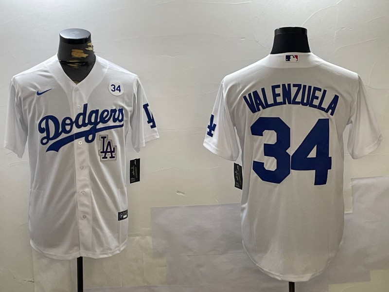 Men's Los Angeles Dodgers #34 Fernando Valenzuela White With No. 34 LA Patch Limited Stitched Baseball MLB Jersey