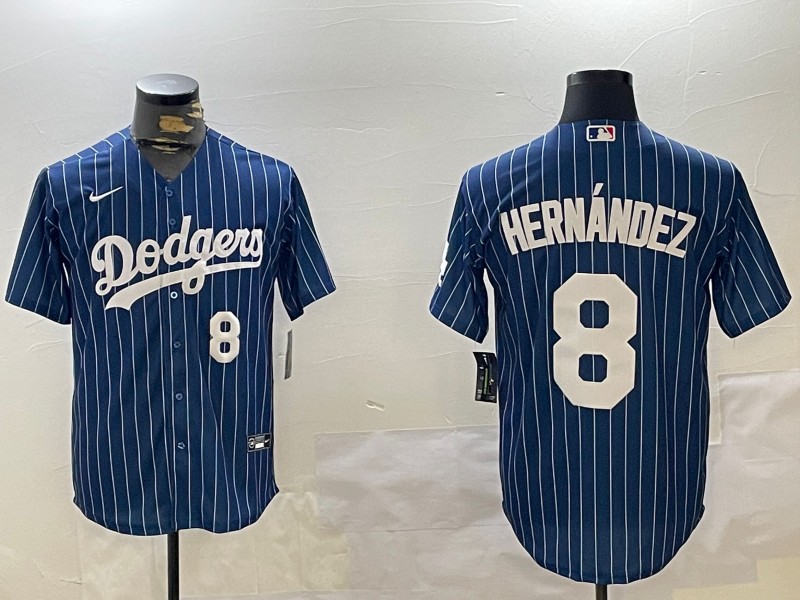 Men's Los Angeles Dodgers #8 Enrique Hernández Royal Stripe Number White Cool Base Stitched Baseball Jersey
