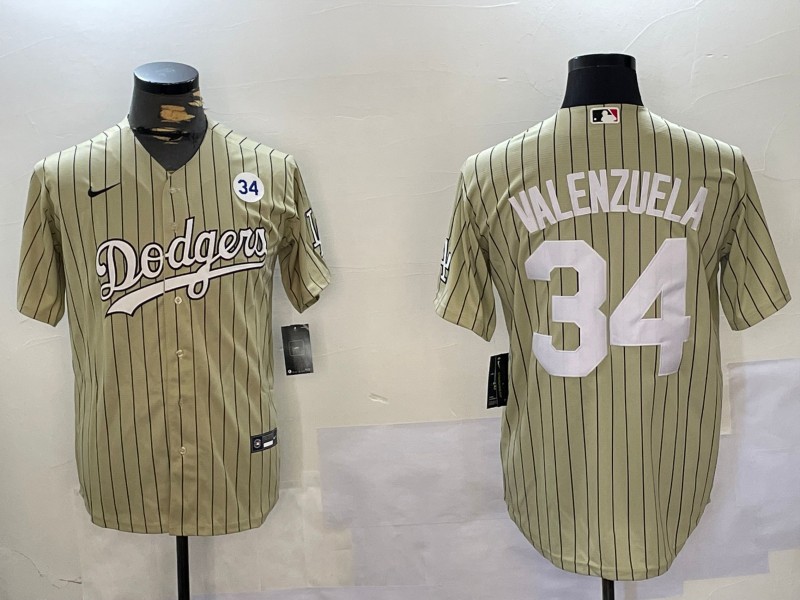 Men's Los Angeles Dodgers #34 Fernando Valenzuela Cream With NO. 34 Patch Cool Base Stitched Baseball Jersey