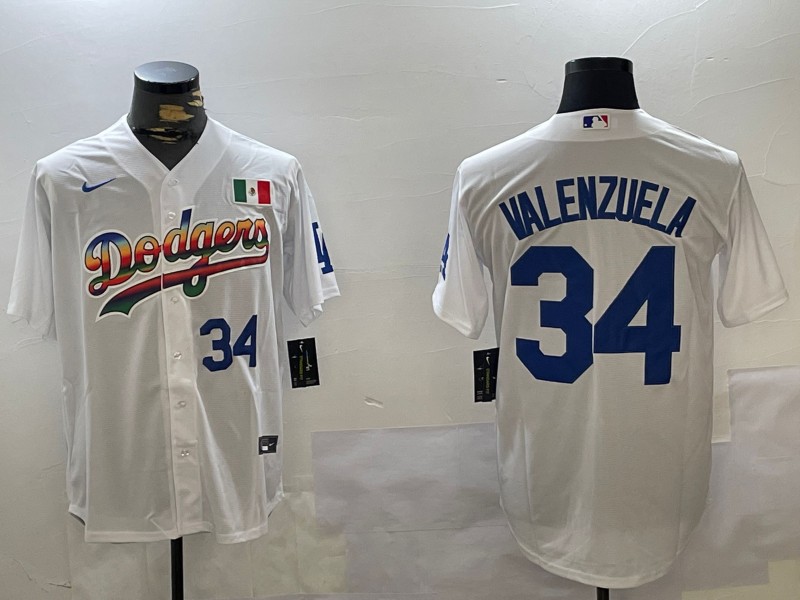 Men's Los Angeles Dodgers Mexico #34 Fernando Valenzuela White Number 34 Blue Cool Base Stitched Baseball Jersey