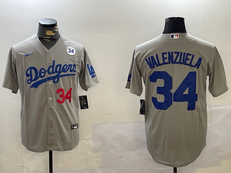 Men's Los Angeles Dodgers #34 Fernando Valenzuela Grey With No. 34 Patch Cool Base Stitched Baseball Jerseys