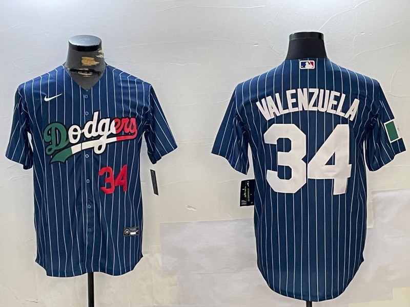 Men's Los Angeles Dodgers Mexico #34 Fernando Valenzuela Blue Number Red Cool Base Stitched Baseball Jersey