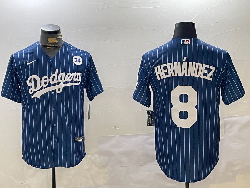 Men's Los Angeles Dodgers #8 Enrique Hernández Royal Stripe With NO. 34 Patch Cool Base Stitched Baseball Jersey