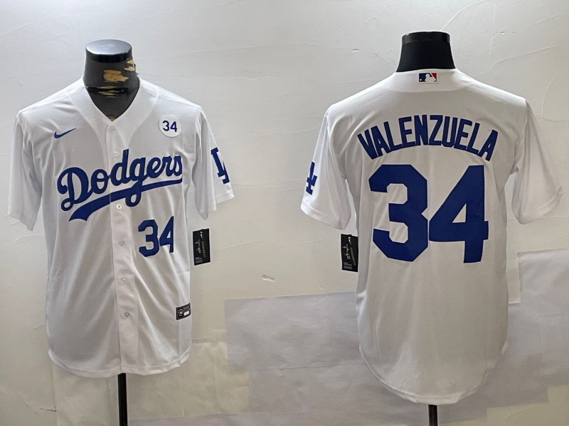 Men's Los Angeles Dodgers #34 Fernando Valenzuela White With No. 34 Patch Limited Stitched Baseball MLB Jersey