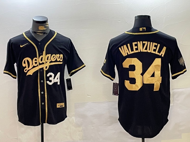 Men's Los Angeles Dodgers #34 Fernando Valenzuela Black Gold Number 34 White Cool Base Stitched Baseball Jersey