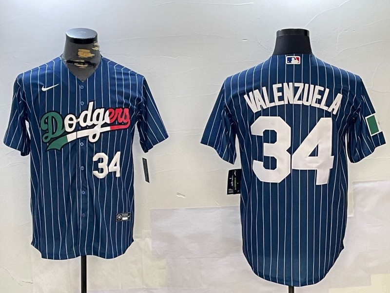 Men's Los Angeles Dodgers Mexico #34 Fernando Valenzuela Blue Number White Cool Base Stitched Baseball Jersey