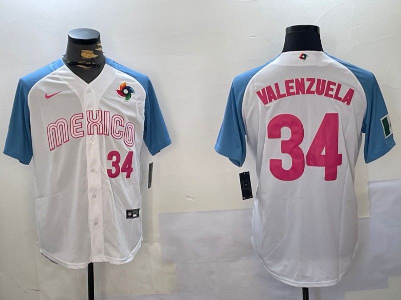 Men's Mexico Baseball #34 Fernando Valenzuela White World Baseball Classic Patch Cool Base Stitched Jersey