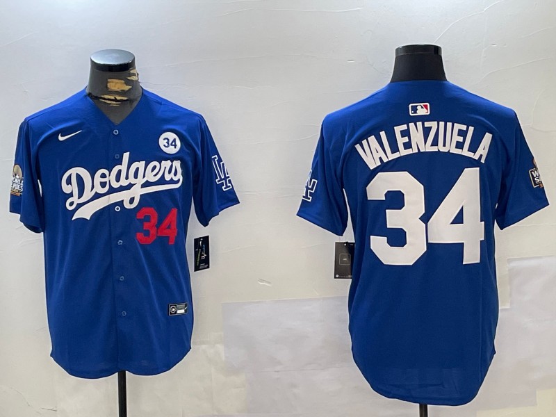 Men's Los Angeles Dodgers #34 Fernando Valenzuela Royal 2024 World Series With No. 34 Patch Limited Stitched Baseball Jersey