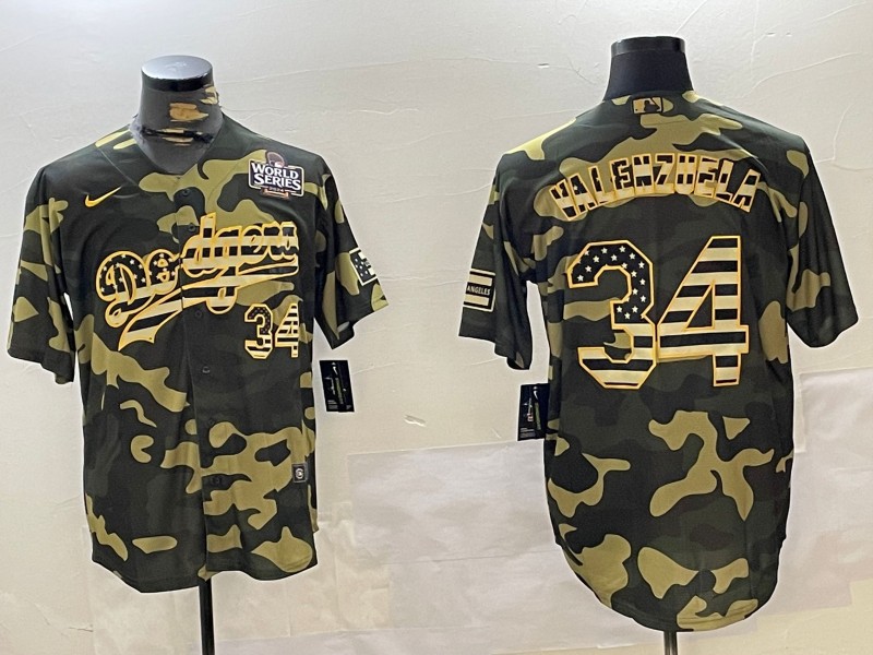 Men's Los Angeles Dodgers Mexico #34 Fernando Valenzuela Camo Gold 2024 World Series Patch Cool Base Stitched Baseball Jersey
