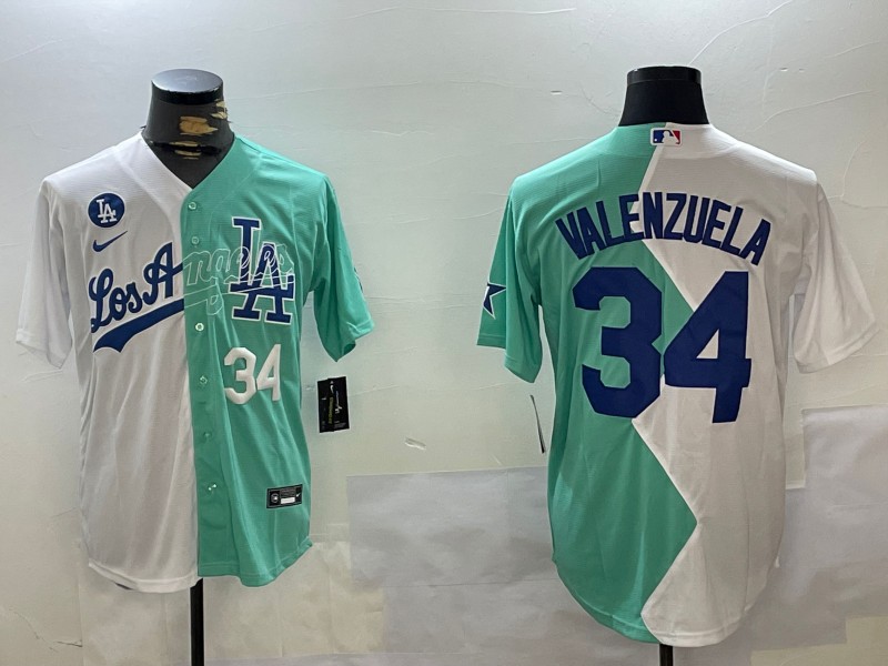 Men's Los Angeles Dodgers #34 Fernando Valenzuela White Green Number White Split Cool Base Stitched Baseball Jersey