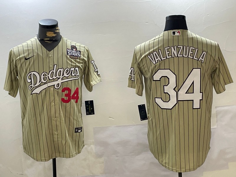 Men's Los Angeles Dodgers #34 Fernando Valenzuela Cream 2024 World Series Patch Cool Base Stitched Baseball Jersey
