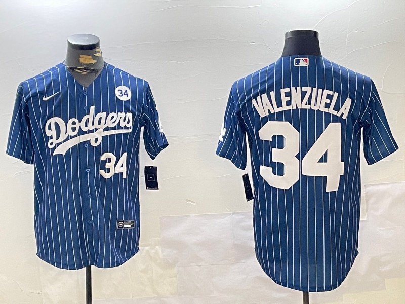 Men's Los Angeles Dodgers #34 Toro Valenzuela Royal Stripe 34 Patch Number White Cool Base Stitched Baseball Jersey