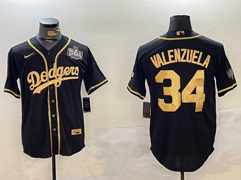 Men's Los Angeles Dodgers #34 Fernando Valenzuela Black Gold 2024 World Series Patch Cool Base Stitched Baseball Jersey