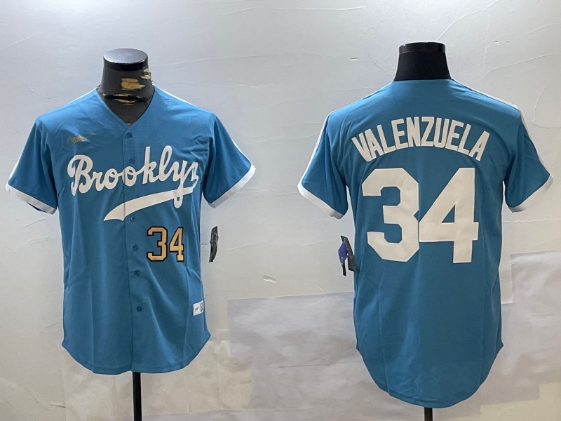 Men's Los Angeles Dodgers #34 Fernando Valenzuela Blue Split Number Gold Cool Base Stitched Baseball Jersey