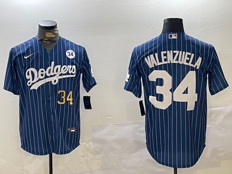 Men's Los Angeles Dodgers #34 Toro Valenzuela Royal Stripe 34 Patch Number Gold Cool Base Stitched Baseball Jersey