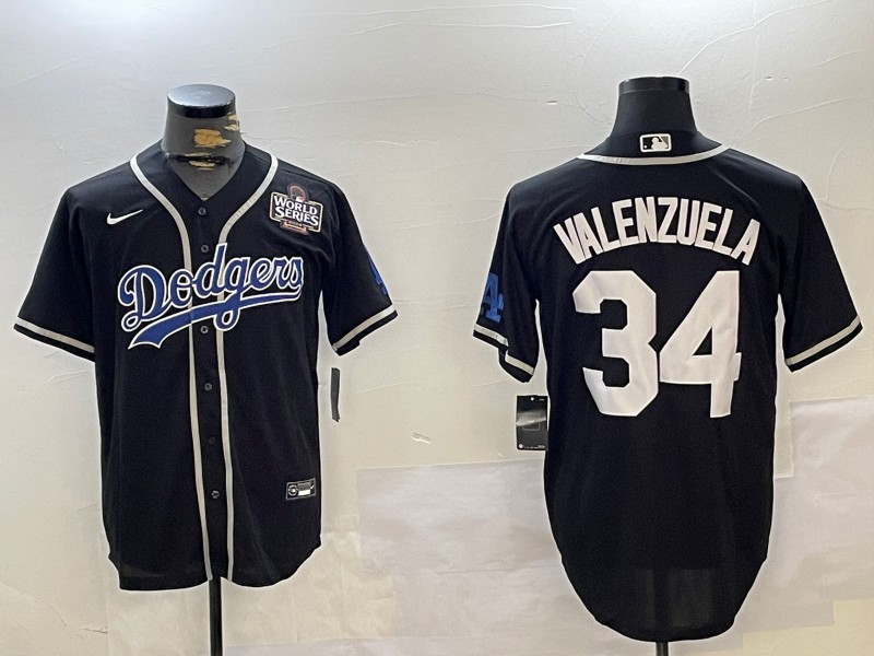 Men's Los Angeles Dodgers #34 Fernando Valenzuela Black 2024 World Series Patch Cool Base Stitched Baseball Jersey