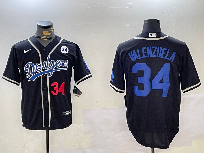 Men's Los Angeles Dodgers #34 Fernando Valenzuela Black With No. 34 Patch Cool Base Stitched Baseball Jerseys