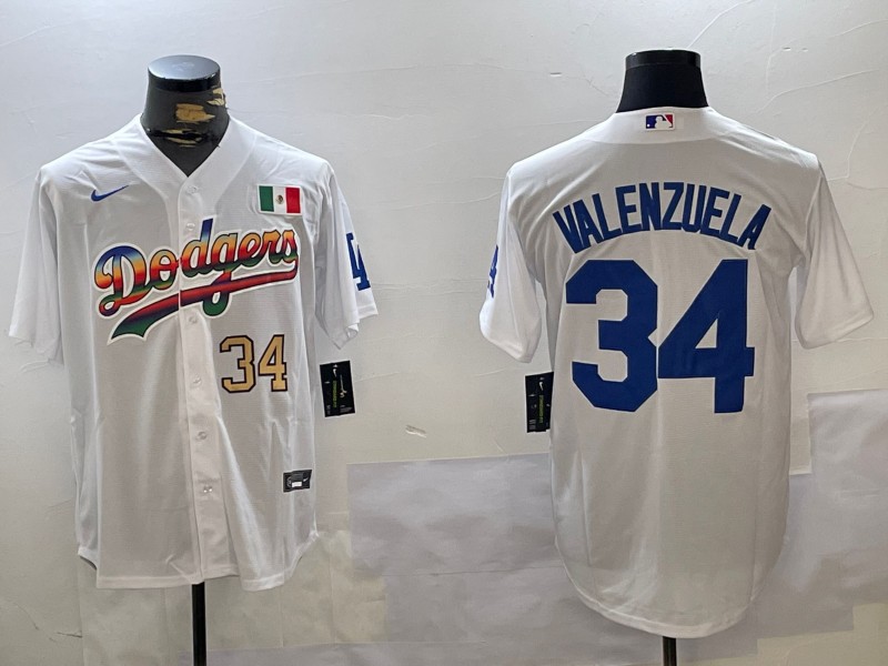 Men's Los Angeles Dodgers Mexico #34 Fernando Valenzuela White Number 34 Gold Cool Base Stitched Baseball Jersey
