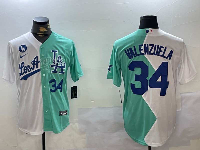 Men's Los Angeles Dodgers #34 Fernando Valenzuela White Green Number Blue Split Cool Base Stitched Baseball Jersey