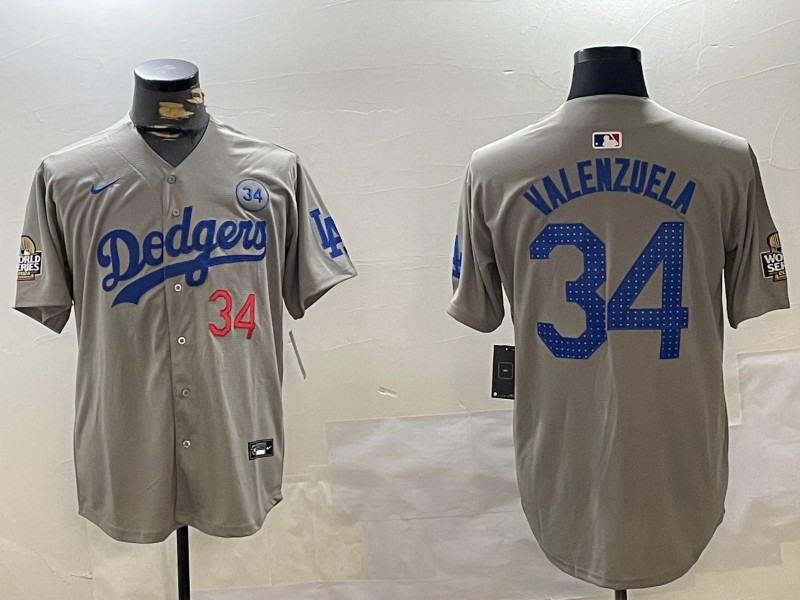 Men's Los Angeles Dodgers #34 Toro Valenzuela Grey 2024 World Series 34 Patch Number Red Cool Base Stitched Baseball Jersey