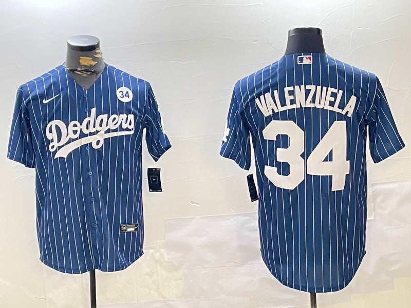 Men's Los Angeles Dodgers #34 Toro Valenzuela Royal Stripe With 34 Patch Cool Base Stitched Baseball Jersey