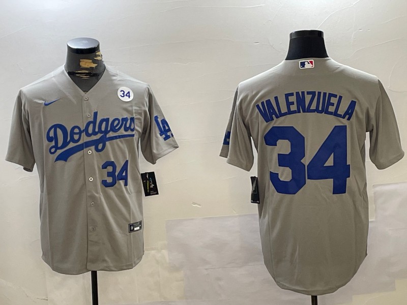 Men's Los Angeles Dodgers #34 Fernando Valenzuela Grey With No. 34 Patch Number Blue Cool Base Stitched Baseball Jersey