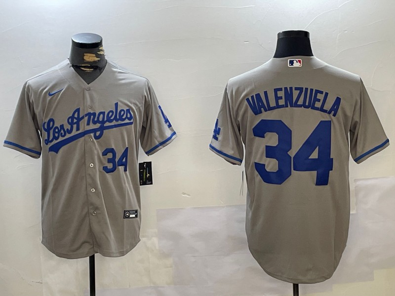 Men's Los Angeles Dodgers Mexico #34 Fernando Valenzuela Grey Number 34 Blue Cool Base Stitched Baseball Jerseys