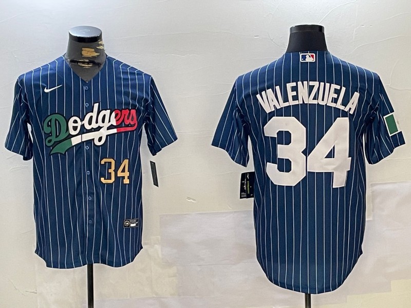Men's Los Angeles Dodgers Mexico #34 Fernando Valenzuela Blue Number Gold Cool Base Stitched Baseball Jersey