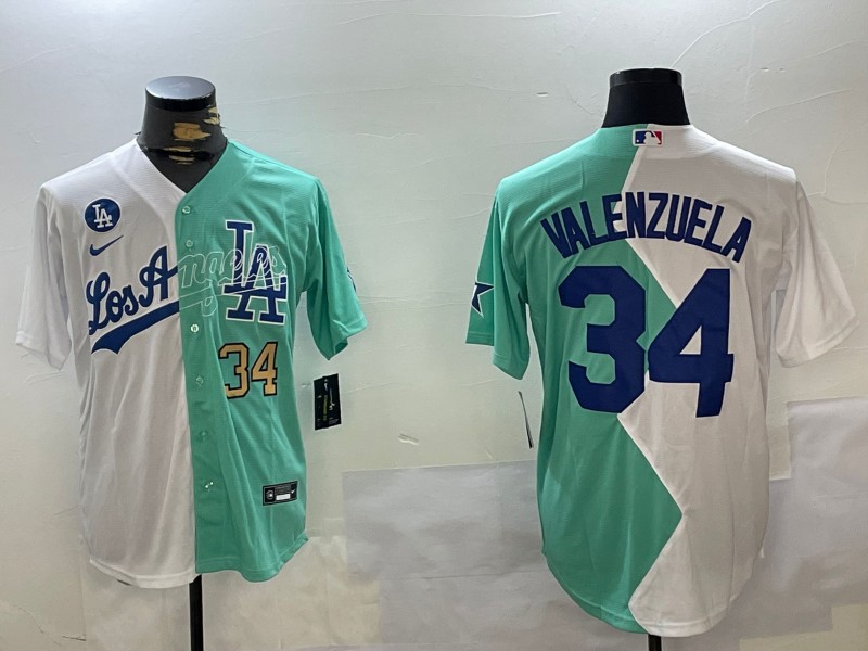 Men's Los Angeles Dodgers #34 Fernando Valenzuela White Green Number Gold Split Cool Base Stitched Baseball Jersey