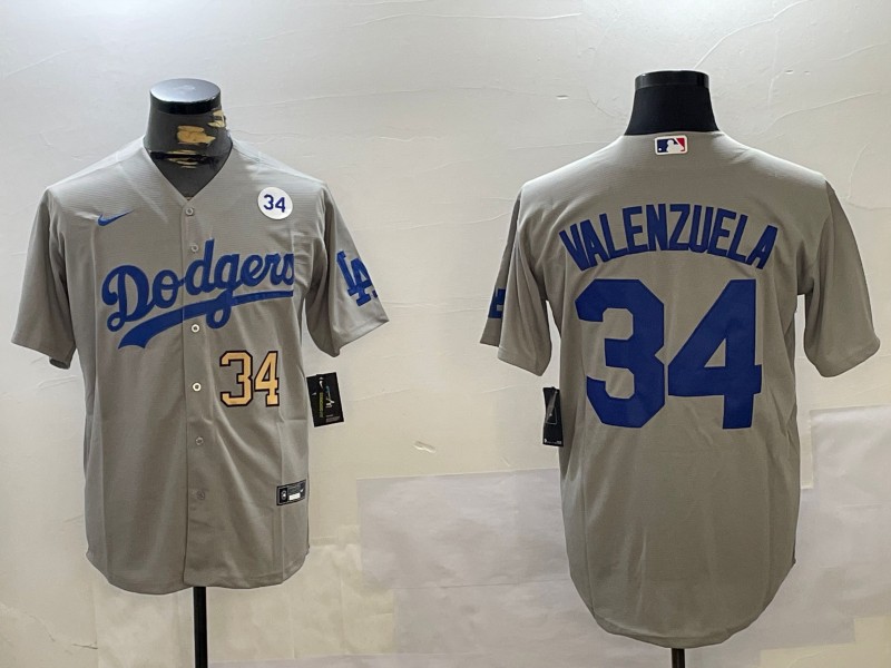 Men's Los Angeles Dodgers #34 Fernando Valenzuela Grey With No. 34 Patch Number Gold Cool Base Stitched Baseball Jersey