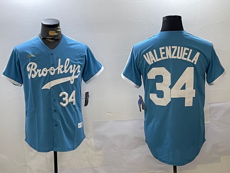 Men's Los Angeles Dodgers #34 Fernando Valenzuela Blue Split Number White Cool Base Stitched Baseball Jersey