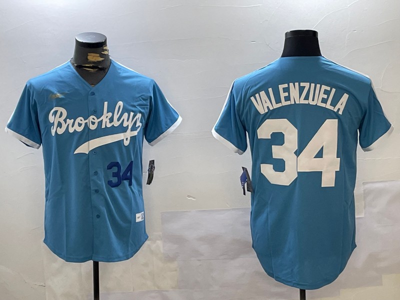 Men's Los Angeles Dodgers #34 Fernando Valenzuela Blue Split Number Blue Cool Base Stitched Baseball Jersey