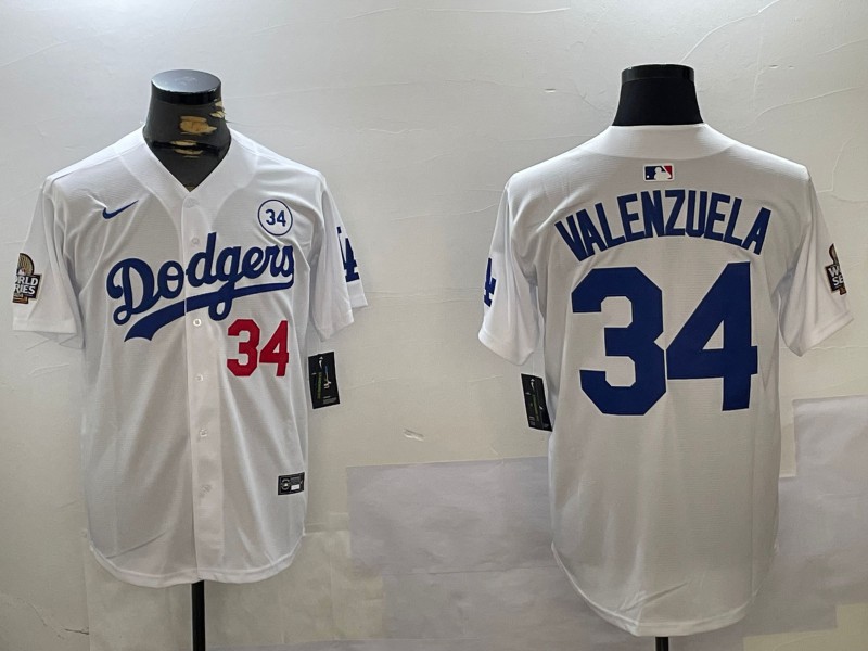 Men's Los Angeles Dodgers #34 Fernando Valenzuela White 2024 World Series With No. 34 Patch Limited Stitched Baseball Jersey