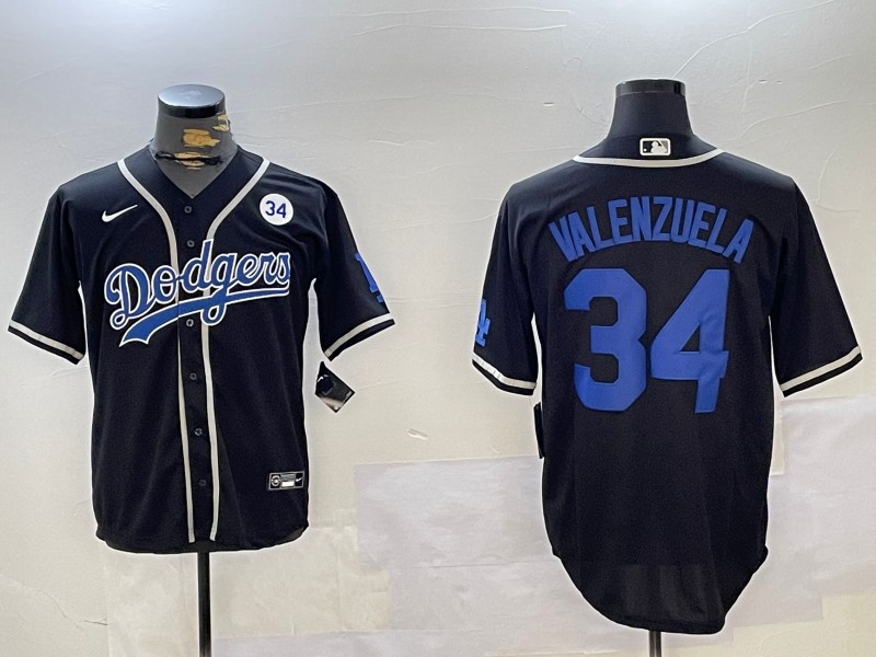 Men's Los Angeles Dodgers #34 Fernando Valenzuela Black With No. 34 Patch Cool Base Stitched Baseball Jersey