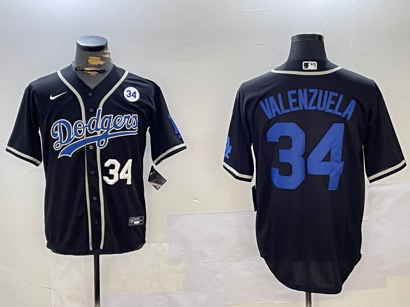 Men's Los Angeles Dodgers #34 Fernando Valenzuela Black With No. 34 Patch Number White Cool Base Stitched Baseball Jersey