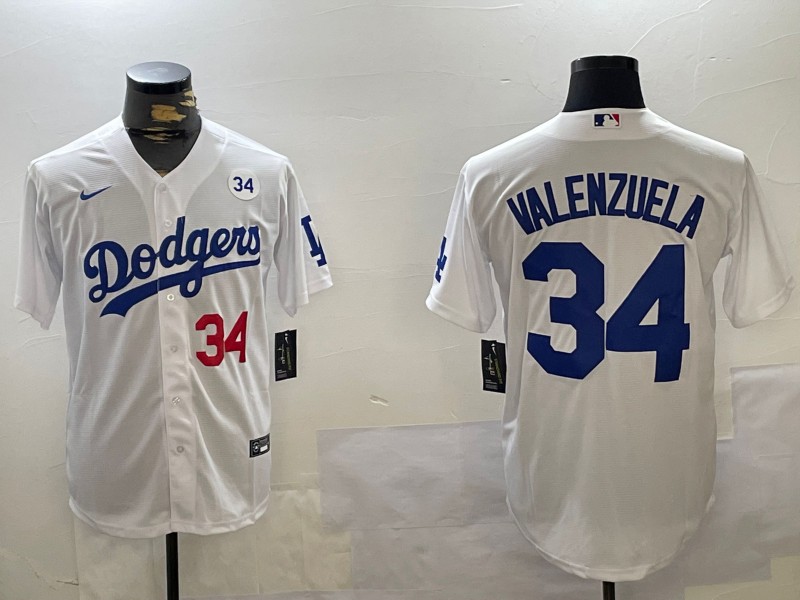 Men's Los Angeles Dodgers #34 Fernando Valenzuela White With No. 34 Patch Limited Stitched Baseball Jersey