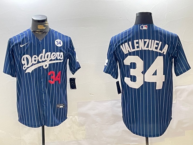 Men's Los Angeles Dodgers #34 Toro Valenzuela Royal Stripe 34 Patch Number Red Cool Base Stitched Baseball Jersey