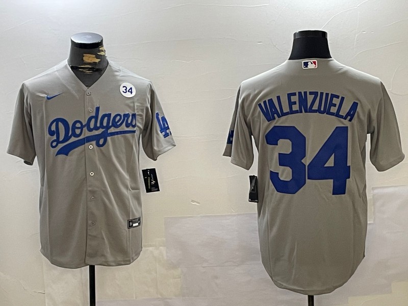 Men's Los Angeles Dodgers #34 Fernando Valenzuela Grey With No. 34 Patch Cool Base Stitched Baseball Jersey