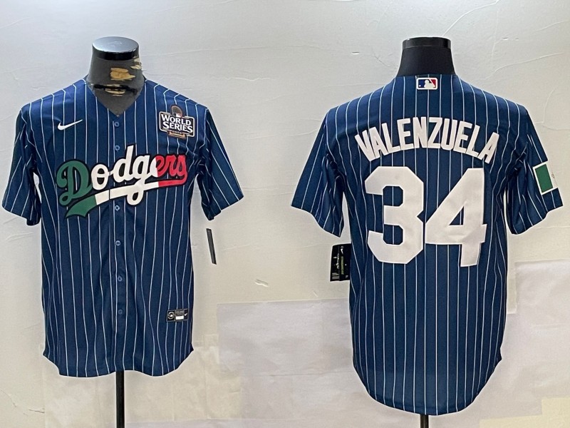 Men's Los Angeles Dodgers Mexico #34 Fernando Valenzuela Blue 2024 World Series Patch Cool Base Stitched Baseball Jersey