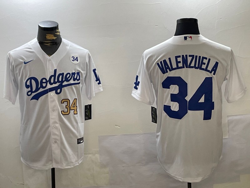 Men's Los Angeles Dodgers #34 Fernando Valenzuela White With No. 34 Patch Limited MLB Stitched Baseball Jersey