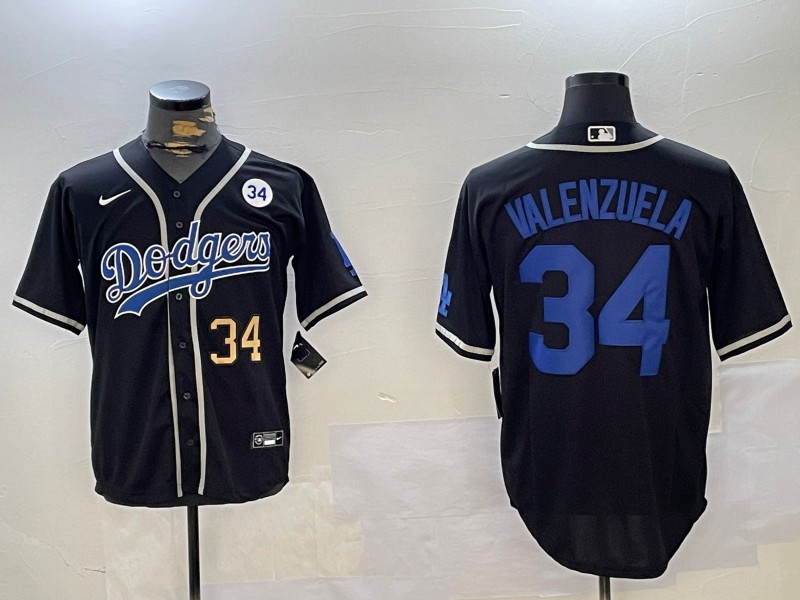 Men's Los Angeles Dodgers #34 Fernando Valenzuela Black With No. 34 Patch Number Gold Cool Base Stitched Baseball Jersey