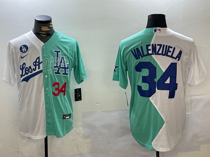 Men's Los Angeles Dodgers #34 Fernando Valenzuela White Green Number Red Split Cool Base Stitched Baseball Jersey