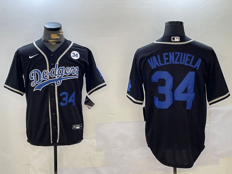 Men's Los Angeles Dodgers #34 Fernando Valenzuela Black With No. 34 Patch Number Blue Cool Base Stitched Baseball Jersey