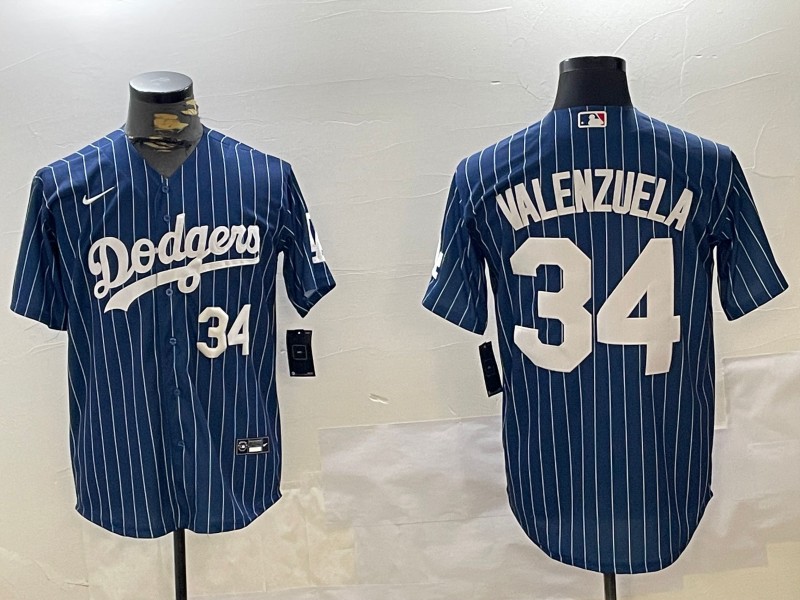 Men's Los Angeles Dodgers #34 Toro Valenzuela Royal Stripe Number White Cool Base Stitched Baseball Jersey