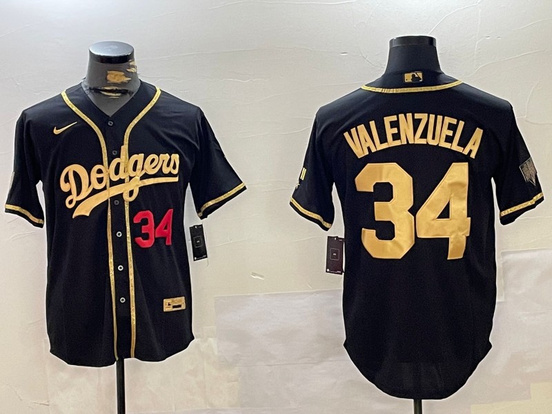 Men's Los Angeles Dodgers #34 Fernando Valenzuela Black Gold Number 34 Red Cool Base Stitched Baseball Jersey