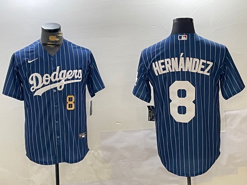 Men's Los Angeles Dodgers #8 Enrique Hernández Royal Stripe Number Gold Cool Base Stitched Baseball Jersey