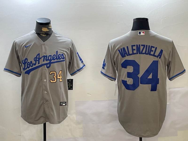 Men's Los Angeles Dodgers Mexico #34 Fernando Valenzuela Grey Number 34 Gold Cool Base Stitched Baseball Jerseys