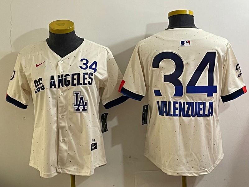 Women's Los Angeles Dodgers #34 Toro Valenzuela Cream LA 2024 City Connect Limited Stitched Baseball Jersey