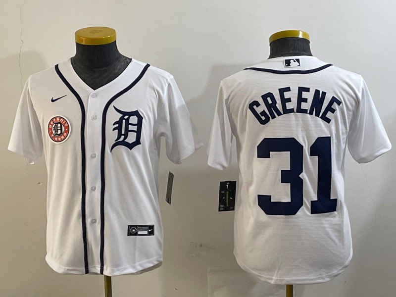 Youth Detroit Tigers #31 Riley Greene White Team Logo Patch Cool Base Stitched Baseball Jersey